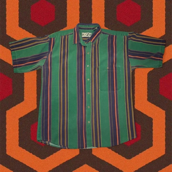 RARE VTG 80s 90s BlaZer Oversized Men’s Green Striped Button Down Shirt — LARGE - Picture 5 of 6